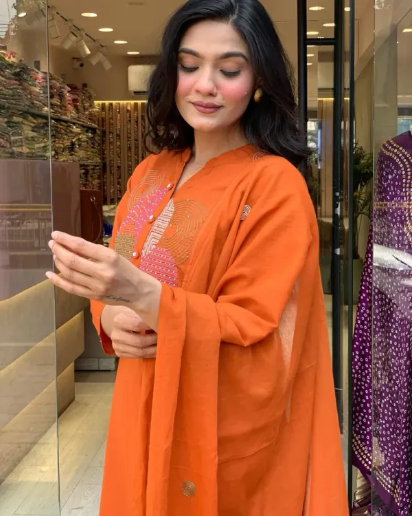 Orange_Mul_Cotton_Kurta_With_Pant_&_Dupatta_Set_For_Women