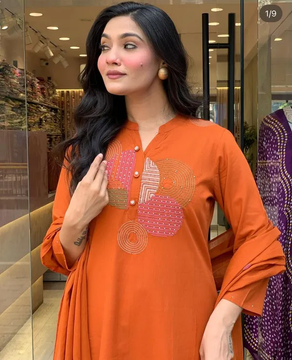 Orange_Mul_Cotton_Kurta_With_Pant_&_Dupatta_Set_For_Women