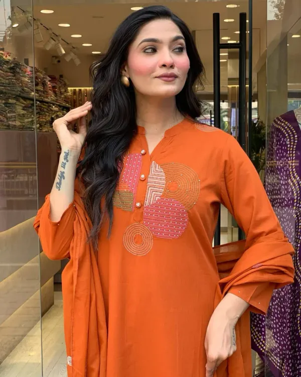 Orange_Mul_Cotton_Kurta_With_Pant_&_Dupatta_Set_For_Women