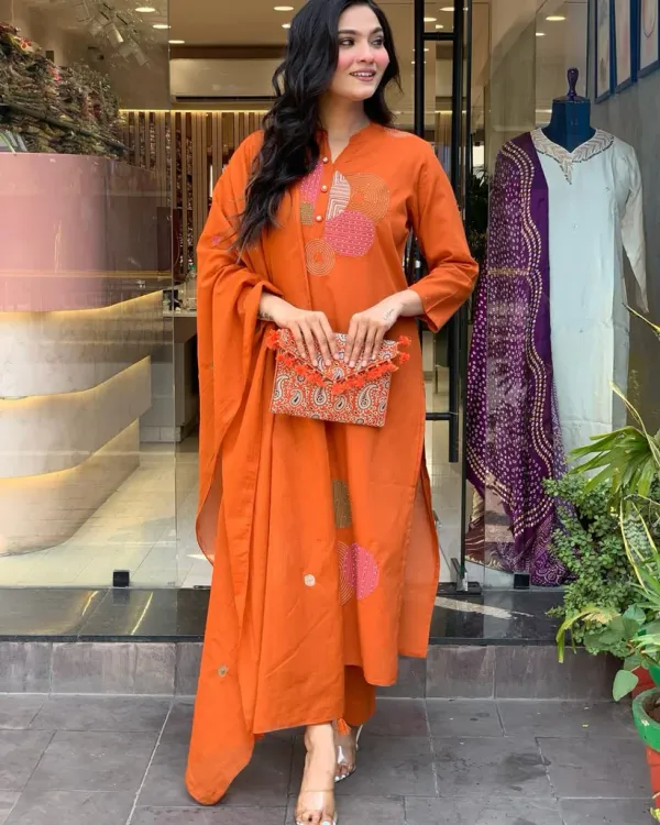 Orange_Mul_Cotton_Kurta_With_Pant_&_Dupatta_Set_For_Women
