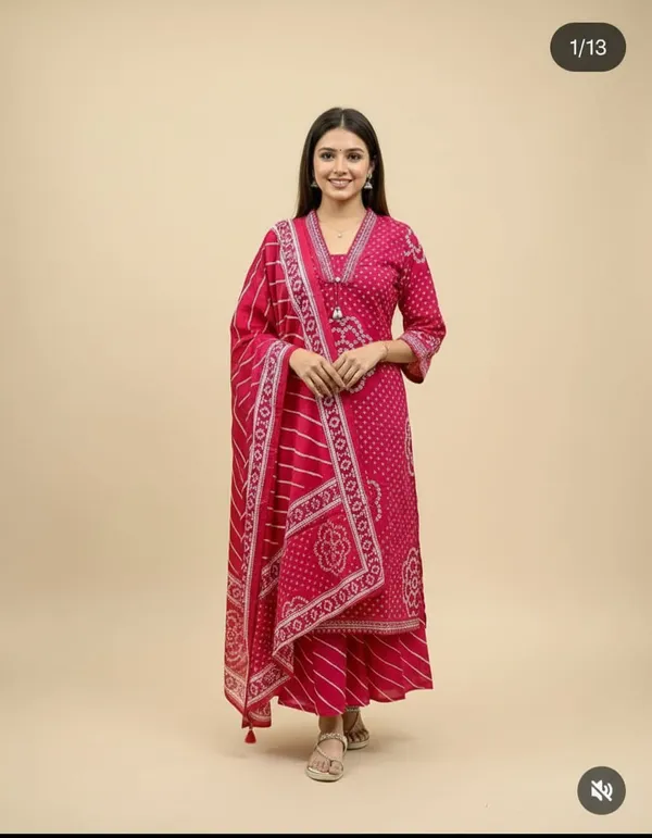 Jaipur_Style_Bandhej_Cotton_Ethnic_Kurta_With_Palazzo_Set_(Rani_Pink)
