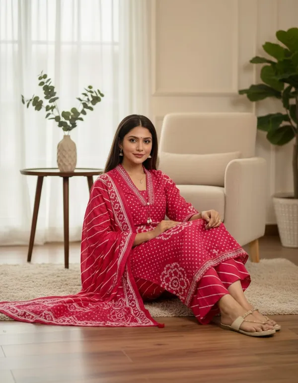 Jaipur_Style_Bandhej_Cotton_Ethnic_Kurta_With_Palazzo_Set_(Rani_Pink)