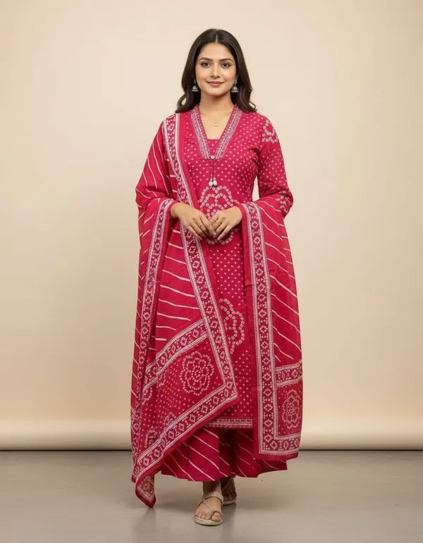 Jaipur_Style_Bandhej_Cotton_Ethnic_Kurta_With_Palazzo_Set_(Rani_Pink)