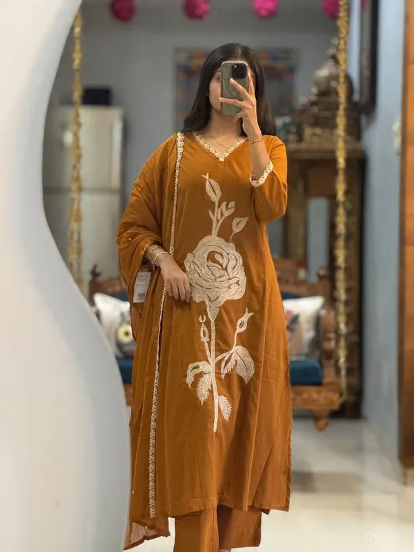 Rust_Pure_Cotton_Kurta_With_Pant_&_Dupatta_Set_For_Women