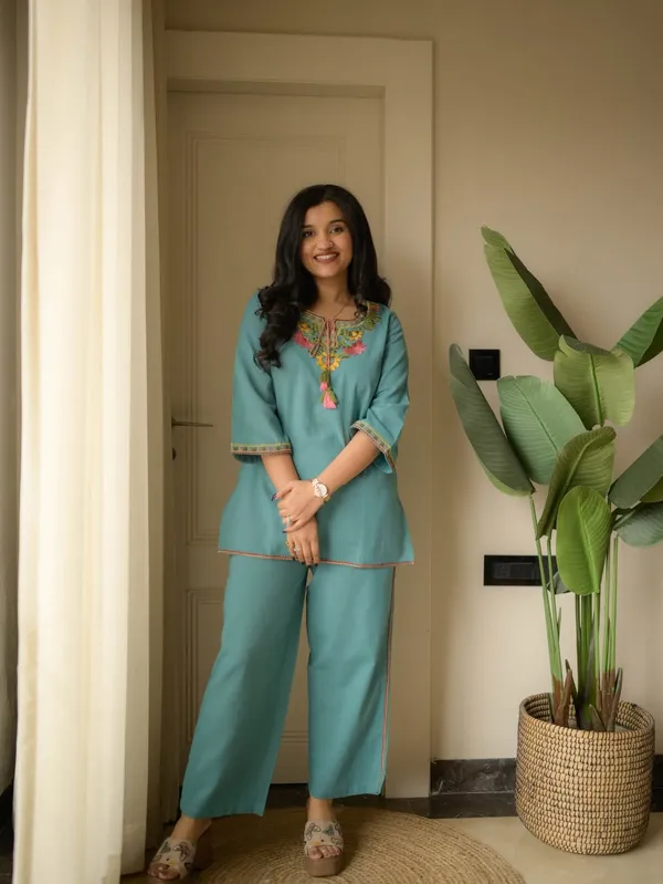 Teal_blue_embroidery_cotton_co-ord_set