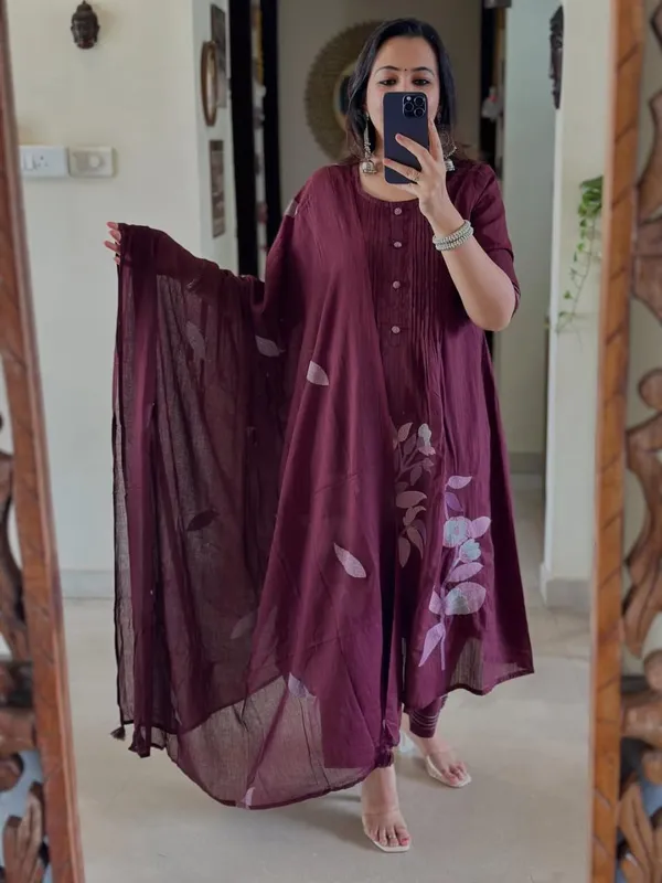 Wine_Colour_Mul_Cotton_Kurta_Set