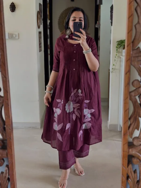 Wine_Colour_Mul_Cotton_Kurta_Set
