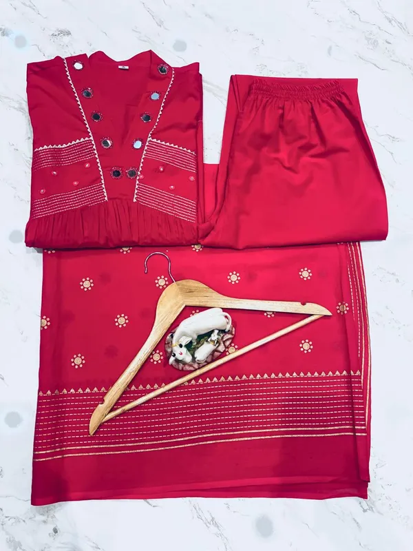Red_100%_Cotton_Kurta_With_Pant_&_Dupatta_Set_For_Women