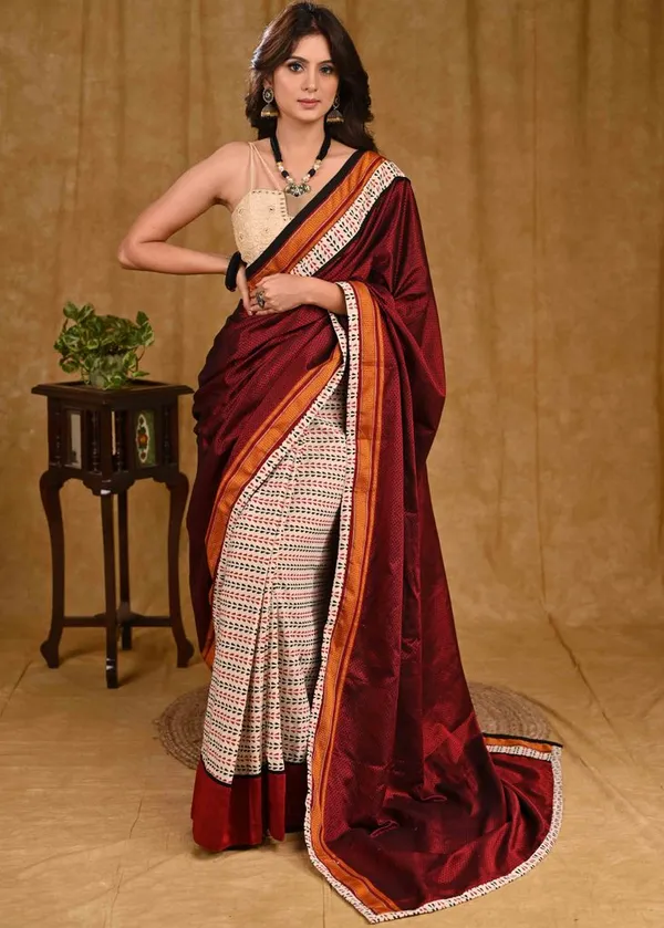 Classy_Maroon_Khun_Pallu_Saree_with_Cream_Ajrakh_Pleats