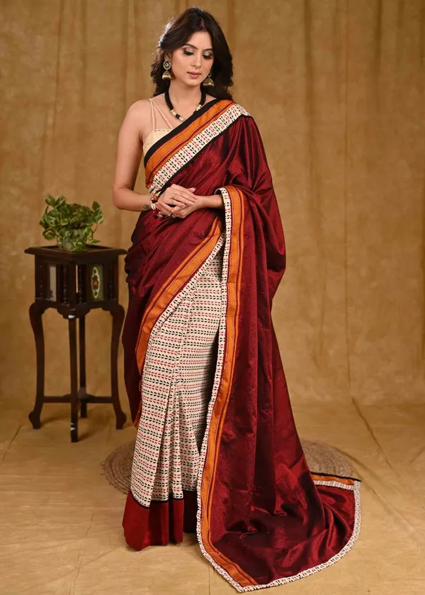 Classy_Maroon_Khun_Pallu_Saree_with_Cream_Ajrakh_Pleats