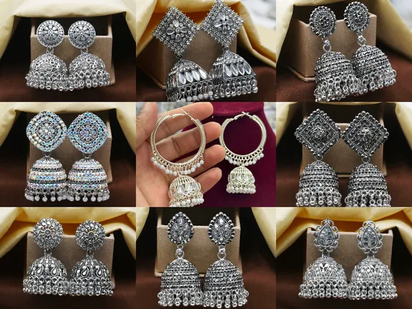 Combo_of_9_Pair_Silver_Oxodised_Jhumka_Earrings_with_Diamond_for_Girls_and_Women.
