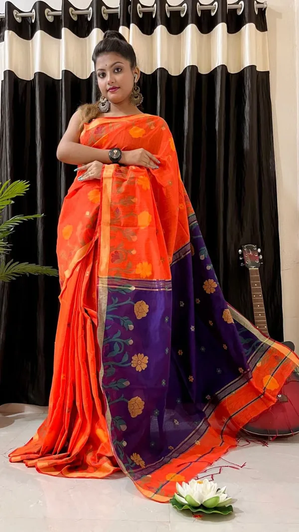 Orange_Cotton_by_silk_Ghashfull_saree