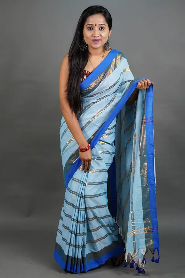 Prenda_Aqua_Blue_New_Super_Cotton_Blend_Full_Body_Zari_Stribe_Design_Saree