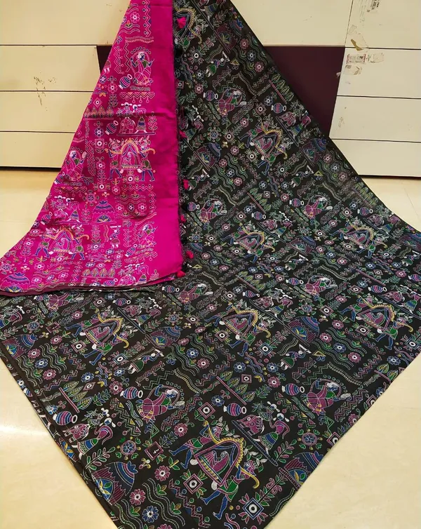 Prenda_Black_Trendy_Style_Madhubani_Print_Cotton_Silk_Saree