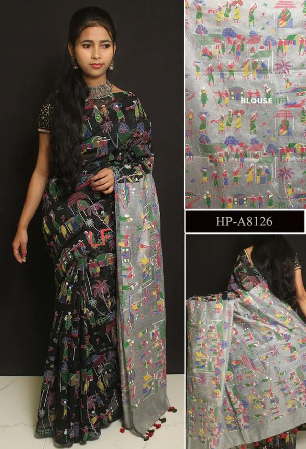 Prenda_Black_Trendy_Style_Madhubani_Print_Cotton_Silk_Saree