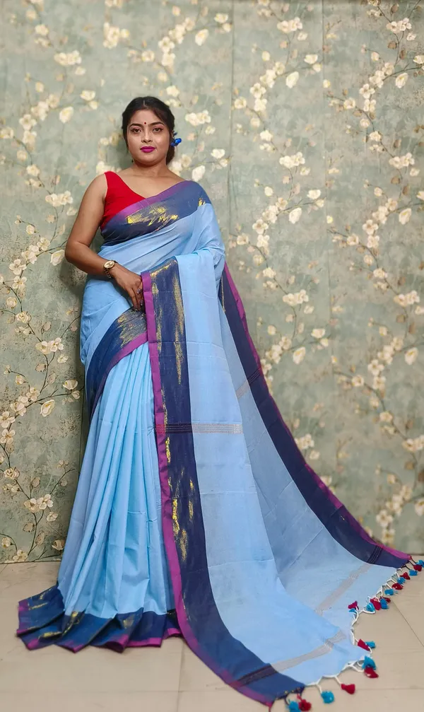 Prenda_Blue_New_Trendy_Cotton_Blend_Zari_Border_Design_Saree