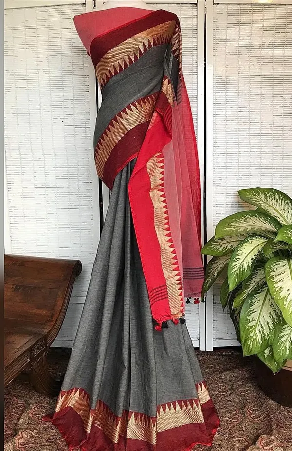 Gray_Temple_Border_Cotton_Handloom_Vomri_Saree