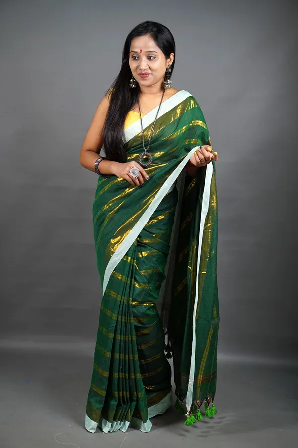 Prenda_Green_New_Super_Cotton_Blend_Full_Body_Zari_Stribe_Design_Saree