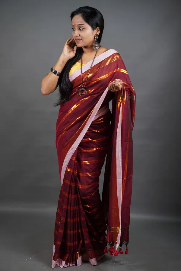 Prenda_Maroon_New_Super_Cotton_Blend_Full_Body_Zari_Stribe_Design_Saree