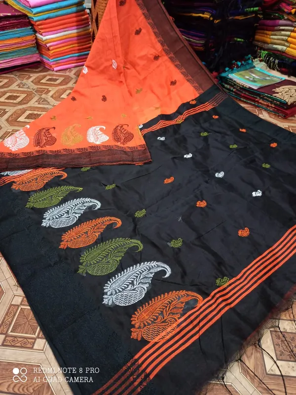 Prenda_Orange_Elegent_Embroidery_Work_Cotton_Silk_Designer_Saree