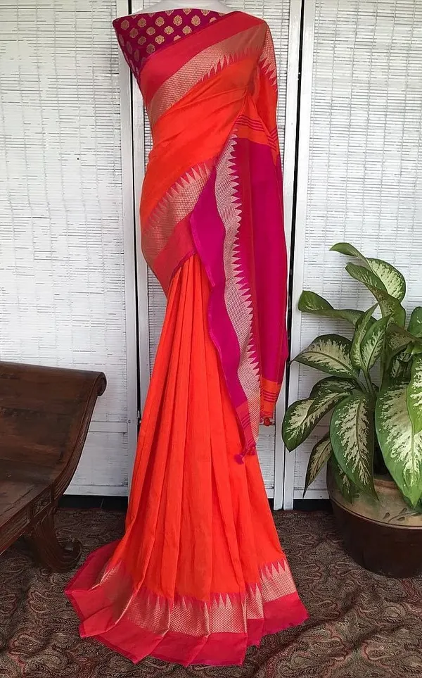 Orange_Temple_Border_Cotton_Handloom_Vomri_Saree