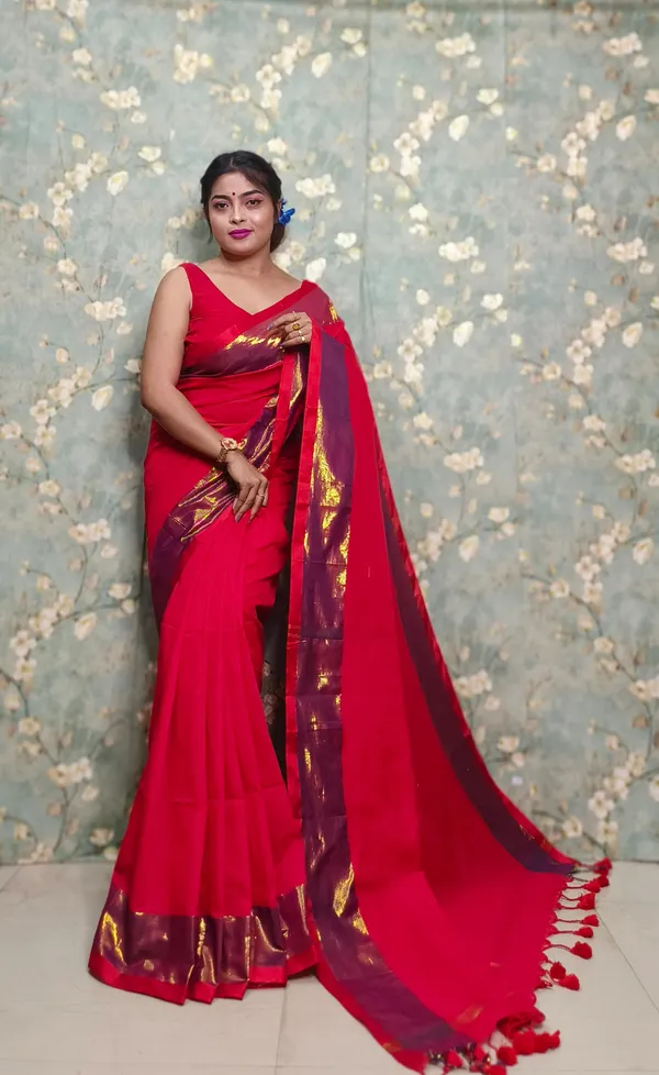 Prenda_Red_New_Trendy_Cotton_Blend_Zari_Border_Design_Saree