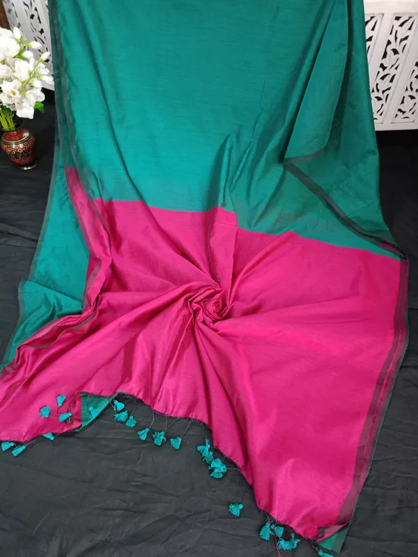 Prenda_Teal_Plain_Soft_Cotton_Silk_Saree