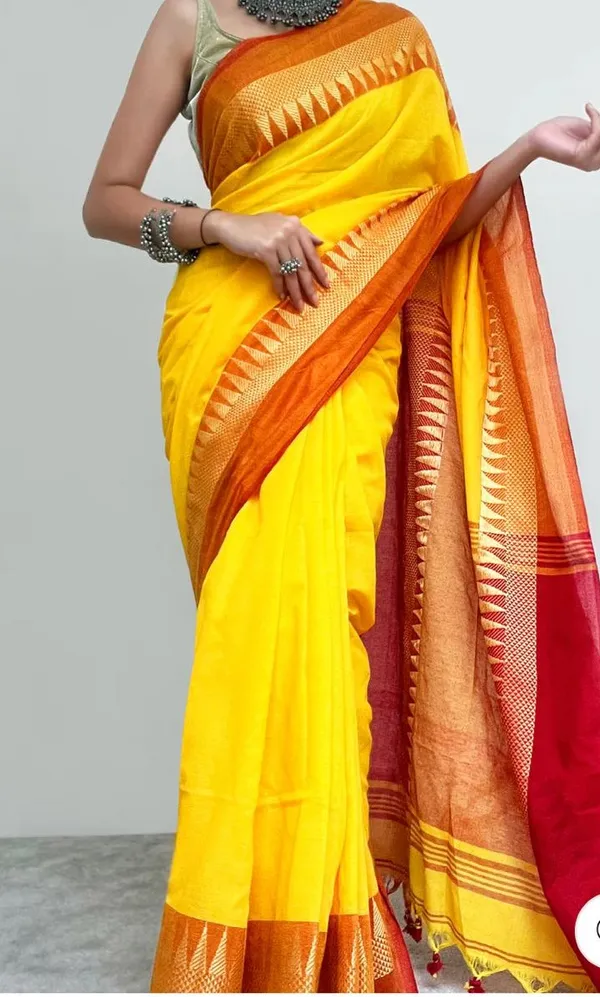 Yellow_Temple_Border_Cotton_Handloom_Vomri_Saree