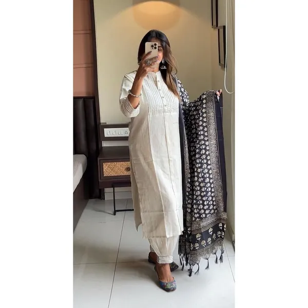 Off_White_Khadi_Cotton_Solid_Kurti_with_Pant_&_Dupatta_Set_|_For_Women