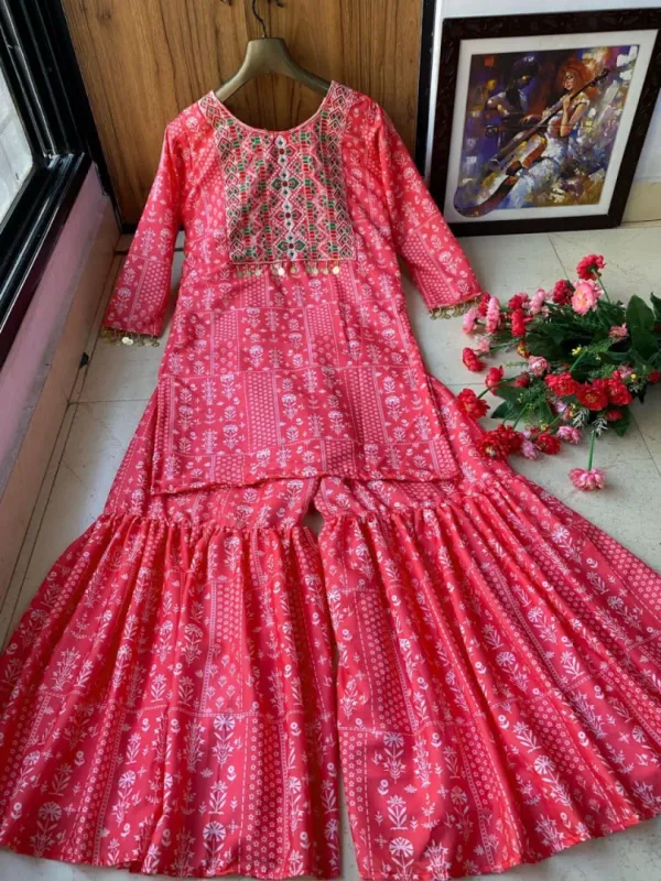 Rani_Pink_Rayon_Slub_Embroidered_Kurti_with_Sharara_Set_|_For_Women