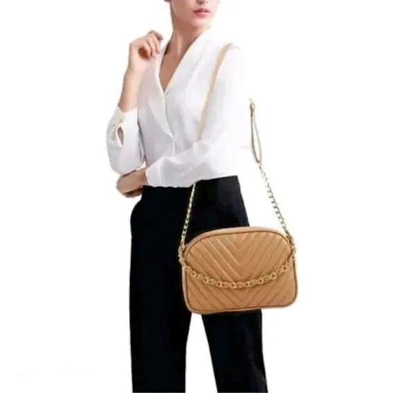 ShopMantra_Women's_Sling_Bag,_Faux_Leather_Crossbody_Bag_for_Casual_Outings_and_Office_Wear_with_2_Main_Compartments,Gold-Tone_Chain_Straps,_and_Zippered_Pockets_-Beige
