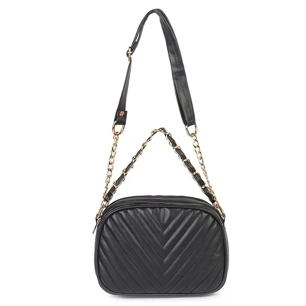 ShopMantra_Women's_Sling_Bag,_Faux_Leather_Crossbody_Bag_for_Casual_Outings_and_Office_Wear_with_2_Main_Compartments,Gold-Tone_Chain_Straps,_and_Zippered_Pockets_-Black