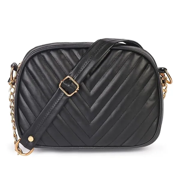 ShopMantra_Women's_Sling_Bag,_Faux_Leather_Crossbody_Bag_for_Casual_Outings_and_Office_Wear_with_2_Main_Compartments,Gold-Tone_Chain_Straps,_and_Zippered_Pockets_-Black