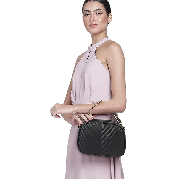 ShopMantra_Women's_Sling_Bag,_Faux_Leather_Crossbody_Bag_for_Casual_Outings_and_Office_Wear_with_2_Main_Compartments,Gold-Tone_Chain_Straps,_and_Zippered_Pockets_-Black
