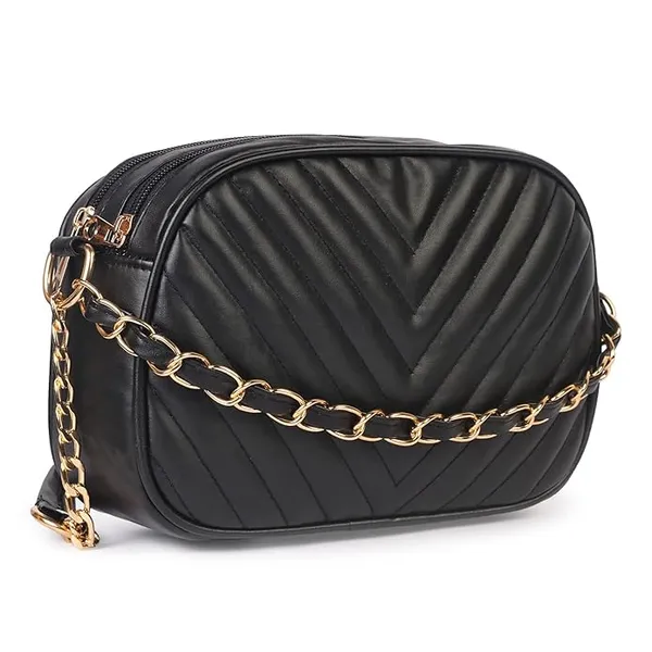 ShopMantra_Women's_Sling_Bag,_Faux_Leather_Crossbody_Bag_for_Casual_Outings_and_Office_Wear_with_2_Main_Compartments,Gold-Tone_Chain_Straps,_and_Zippered_Pockets_-Black