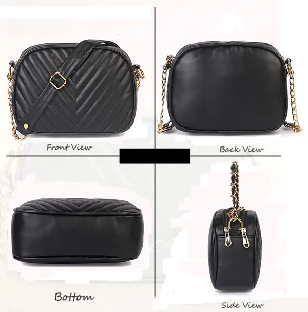ShopMantra_Women's_Sling_Bag,_Faux_Leather_Crossbody_Bag_for_Casual_Outings_and_Office_Wear_with_2_Main_Compartments,Gold-Tone_Chain_Straps,_and_Zippered_Pockets_-Black