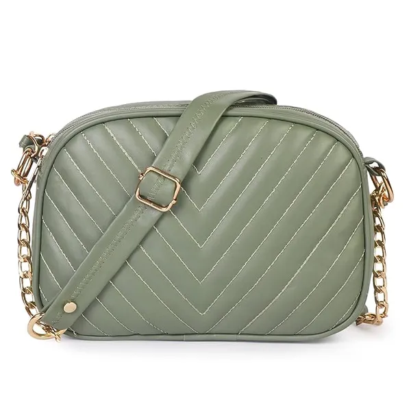 ShopMantra_Women's_Sling_Bag,_Faux_Leather_Crossbody_Bag_for_Casual_Outings_and_Office_Wear_with_2_Main_Compartments,Gold-Tone_Chain_Straps,_and_Zippered_Pockets_-Green
