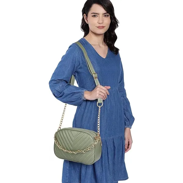 ShopMantra_Women's_Sling_Bag,_Faux_Leather_Crossbody_Bag_for_Casual_Outings_and_Office_Wear_with_2_Main_Compartments,Gold-Tone_Chain_Straps,_and_Zippered_Pockets_-Green