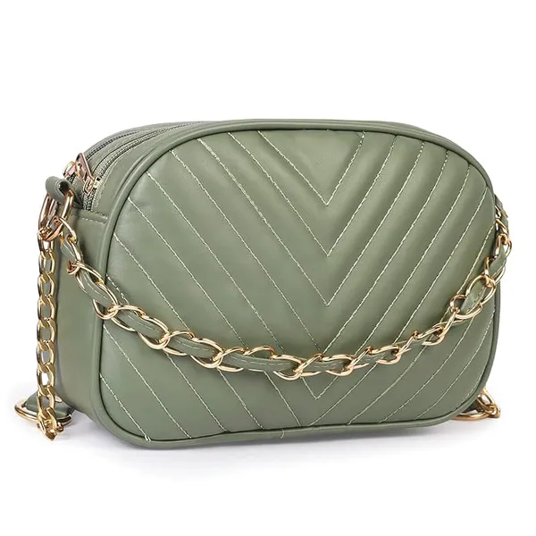 ShopMantra_Women's_Sling_Bag,_Faux_Leather_Crossbody_Bag_for_Casual_Outings_and_Office_Wear_with_2_Main_Compartments,Gold-Tone_Chain_Straps,_and_Zippered_Pockets_-Green