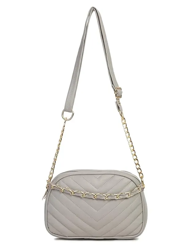 ShopMantra_Women's_Sling_Bag,_Faux_Leather_Crossbody_Bag_for_Casual_Outings_and_Office_Wear_with_2_Main_Compartments,Gold-Tone_Chain_Straps,_and_Zippered_Pockets_-Grey