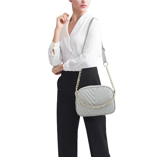 ShopMantra_Women's_Sling_Bag,_Faux_Leather_Crossbody_Bag_for_Casual_Outings_and_Office_Wear_with_2_Main_Compartments,Gold-Tone_Chain_Straps,_and_Zippered_Pockets_-Grey