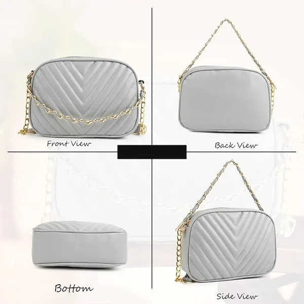 ShopMantra_Women's_Sling_Bag,_Faux_Leather_Crossbody_Bag_for_Casual_Outings_and_Office_Wear_with_2_Main_Compartments,Gold-Tone_Chain_Straps,_and_Zippered_Pockets_-Grey