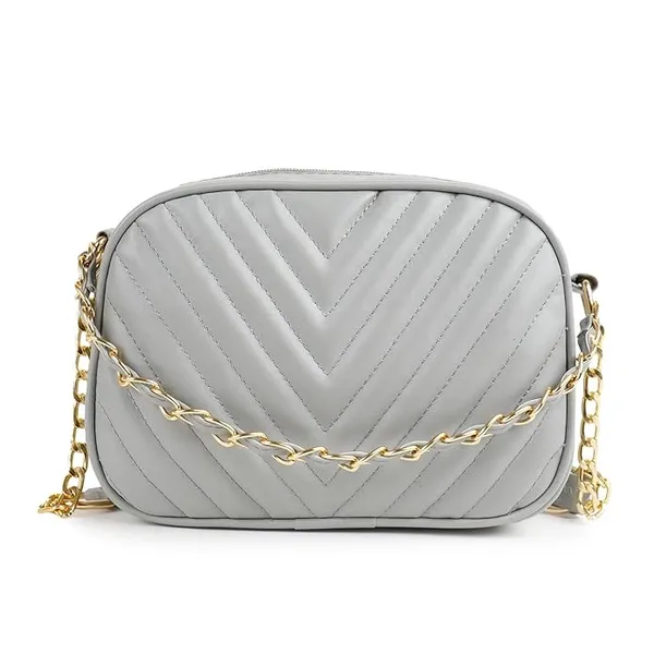 ShopMantra_Women's_Sling_Bag,_Faux_Leather_Crossbody_Bag_for_Casual_Outings_and_Office_Wear_with_2_Main_Compartments,Gold-Tone_Chain_Straps,_and_Zippered_Pockets_-Grey