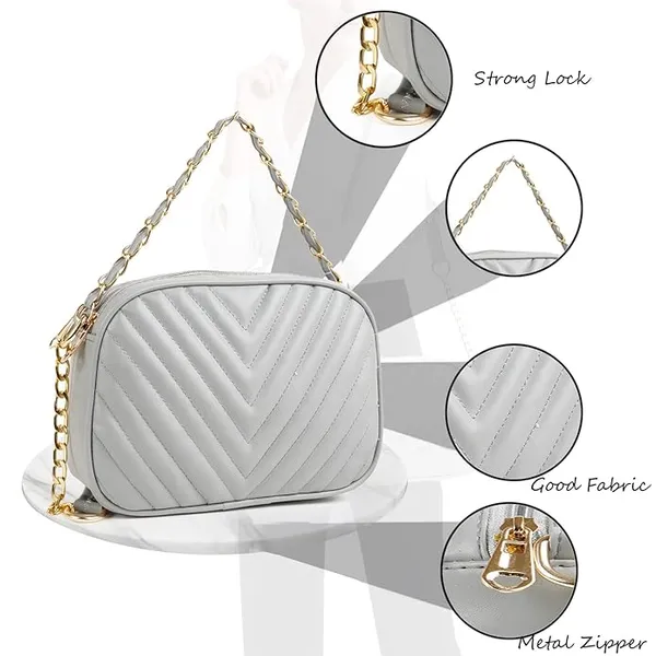 ShopMantra_Women's_Sling_Bag,_Faux_Leather_Crossbody_Bag_for_Casual_Outings_and_Office_Wear_with_2_Main_Compartments,Gold-Tone_Chain_Straps,_and_Zippered_Pockets_-Grey