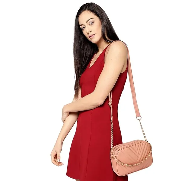 ShopMantra_Women's_Sling_Bag,_Faux_Leather_Crossbody_Bag_for_Casual_Outings_and_Office_Wear_with_2_Main_Compartments,Gold-Tone_Chain_Straps,_and_Zippered_Pockets_-Pink