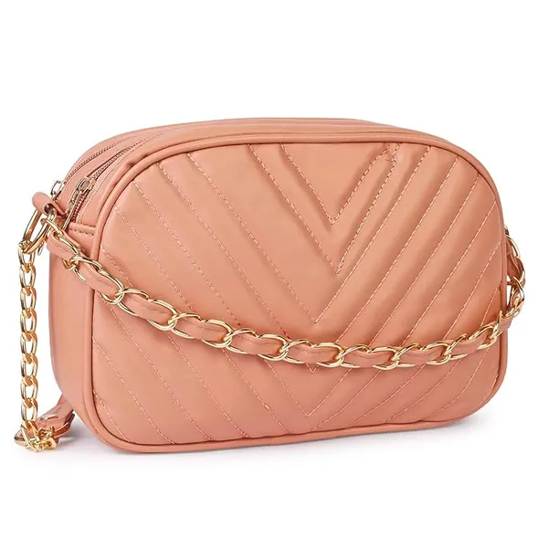 ShopMantra_Women's_Sling_Bag,_Faux_Leather_Crossbody_Bag_for_Casual_Outings_and_Office_Wear_with_2_Main_Compartments,Gold-Tone_Chain_Straps,_and_Zippered_Pockets_-Pink
