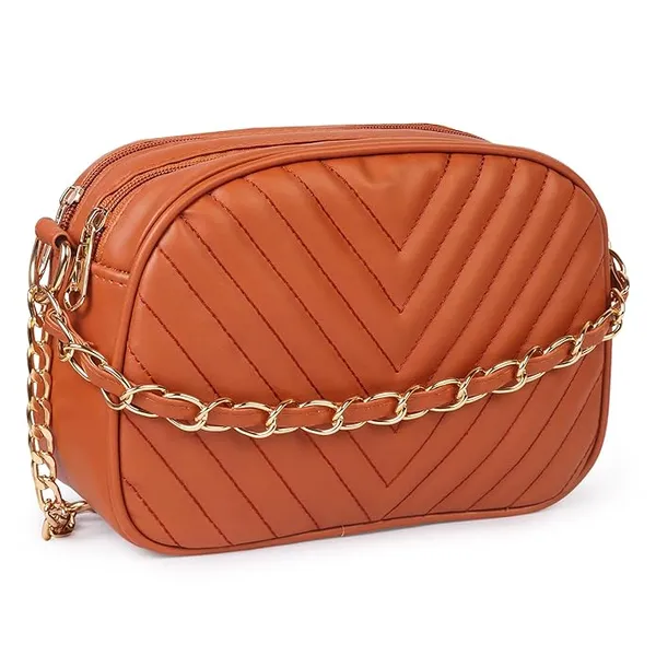 ShopMantra_Women's_Sling_Bag,_Faux_Leather_Crossbody_Bag_for_Casual_Outings_and_Office_Wear_with_2_Main_Compartments,Gold-Tone_Chain_Straps,_and_Zippered_Pockets_-Tan