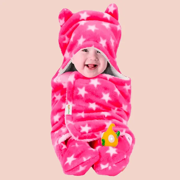 OYO BABY Pack of 1 Three in One Fleece Hooded Baby Wollen Blend Blanket Wrapper Baby Pink Printed All Season 0 6 Months Sleeping Bag Great Gift