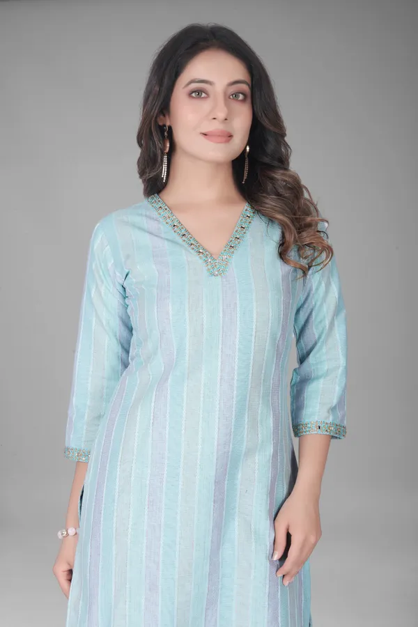 Strip_V-neck_cotton_kurti