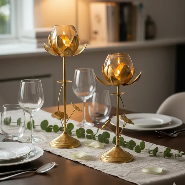 Gold_Lotus_Candle_Holder_Center_Table_Decorative_Items_for_Living_Room_(2_Pcs_Set)_,Glass